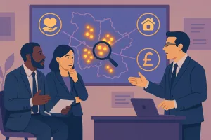 Council decision‑makers reviewing a digital map where hidden data patterns are revealed as bright clusters, with subtle icons indicating support for vulnerable people and cost savings